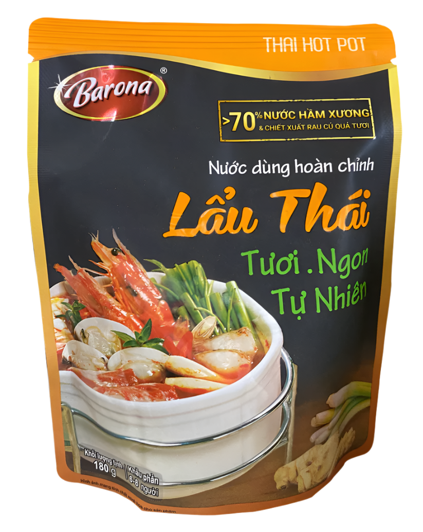 Barona Thai Hot Pot soup base package with food image and text