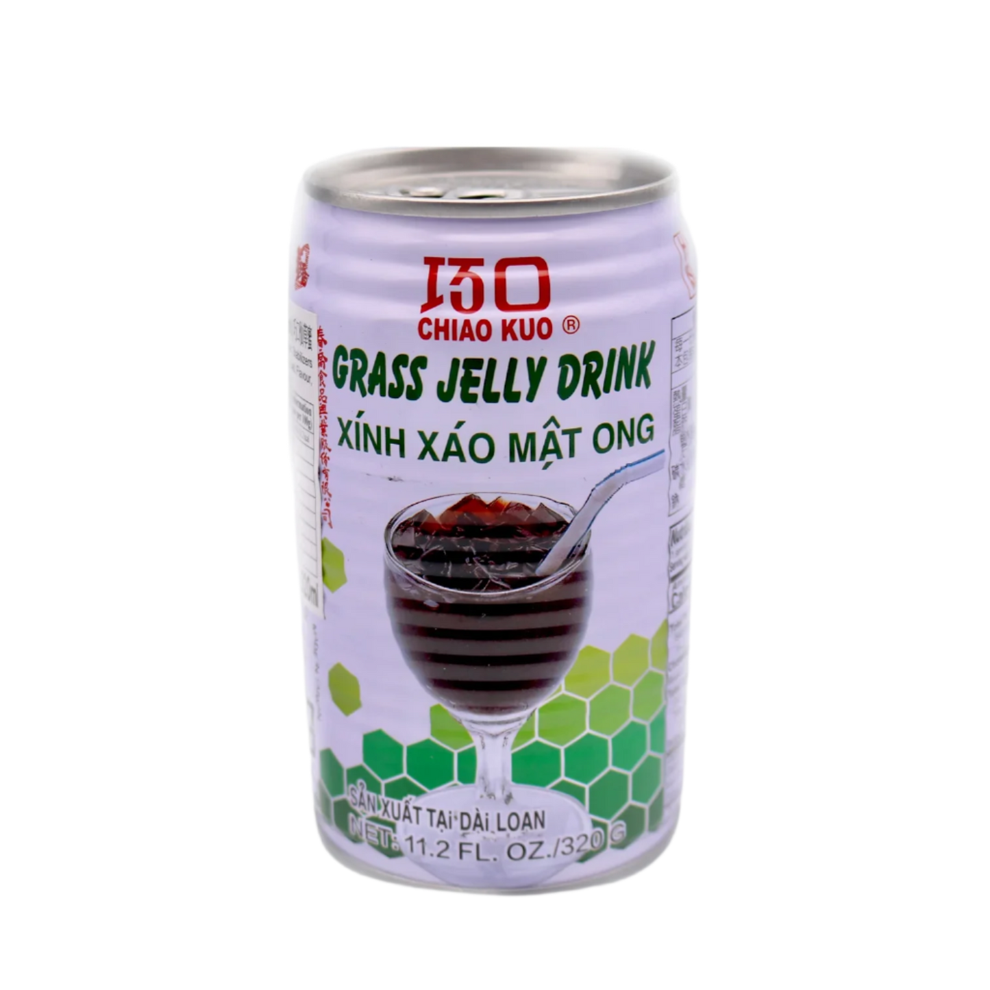 Can of Grass Jelly Drink with branding and product image on a clear background