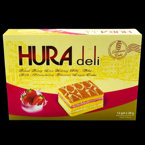 HURA deli cake packaging with strawberry flavor description