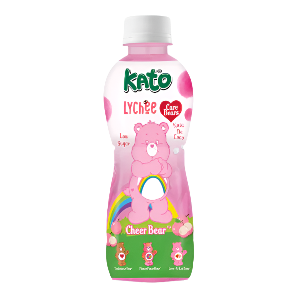 Kato Lychée Care Bears bottle with pink and white design on a clear background