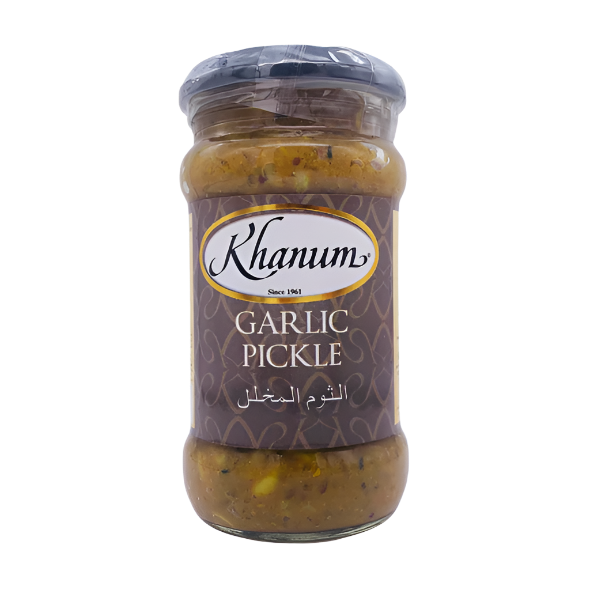 Jar of Khanum Garlic Pickle on a white background