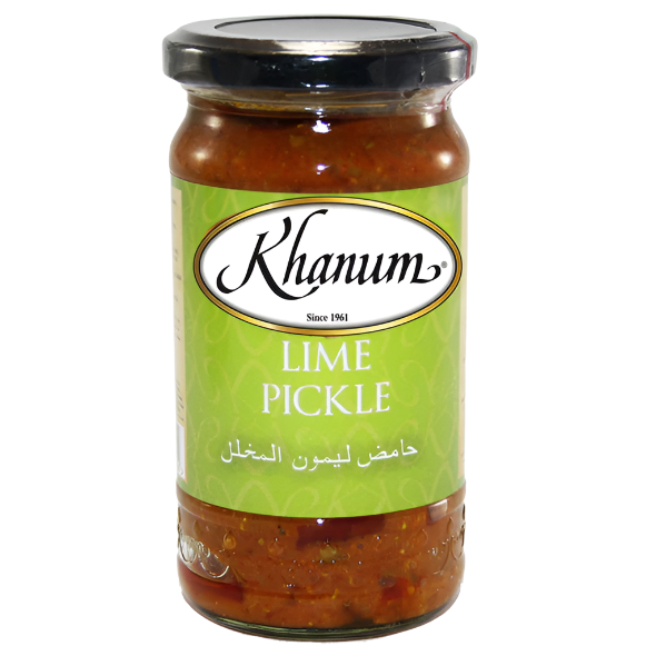 Jar of Khanum Lime Pickle with green label on a white background