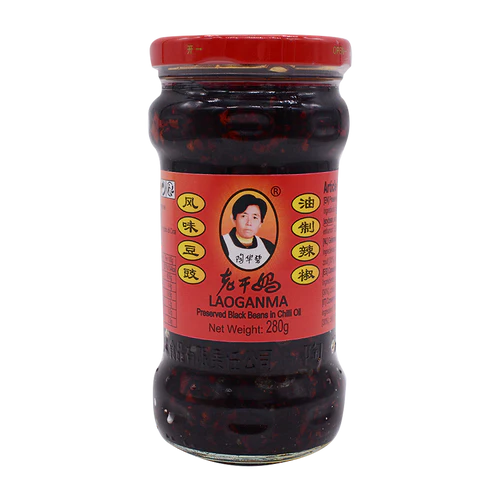 Jar of Lao Gan Ma preserved black beans in chili oil