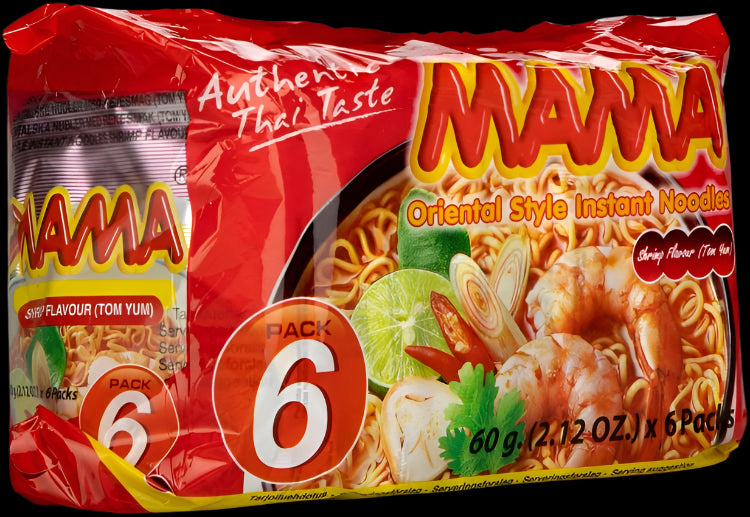 Packaging of MAMA instant noodles with a red background and noodle image.