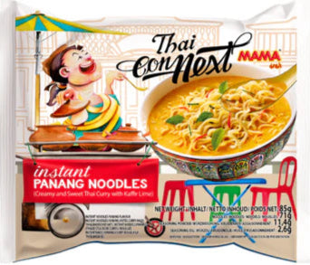 Packaging of Thai Panang Noodles with cartoon character on a white background
