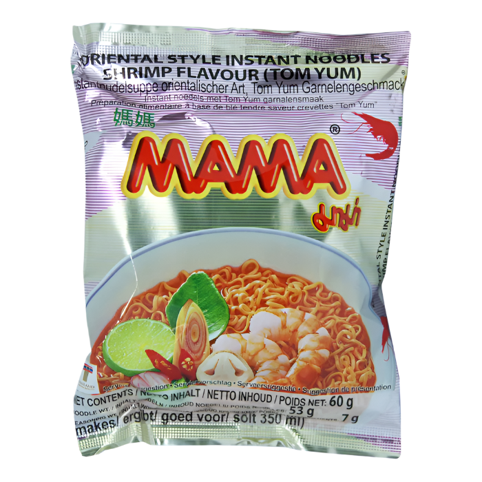 Mama Shrimp Flavour instant noodles packaging on a clear background