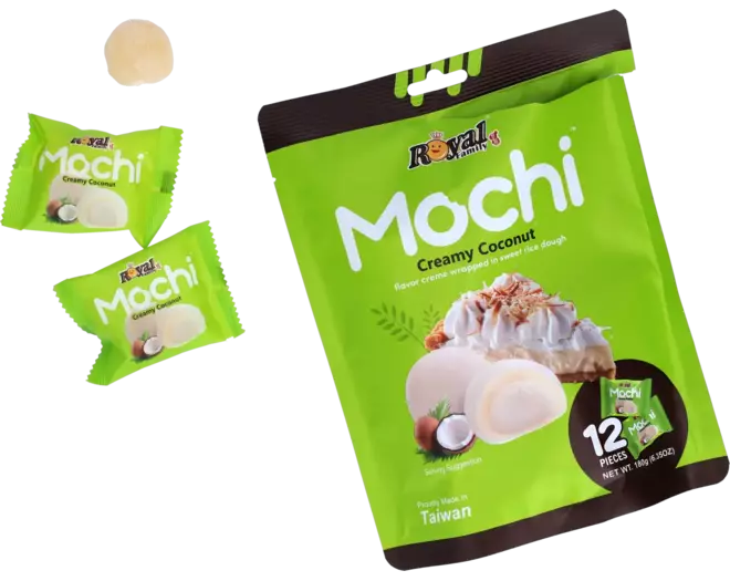 Green package of Royal Family Mochi Creamy Coconut with smaller green packages and a coconut
