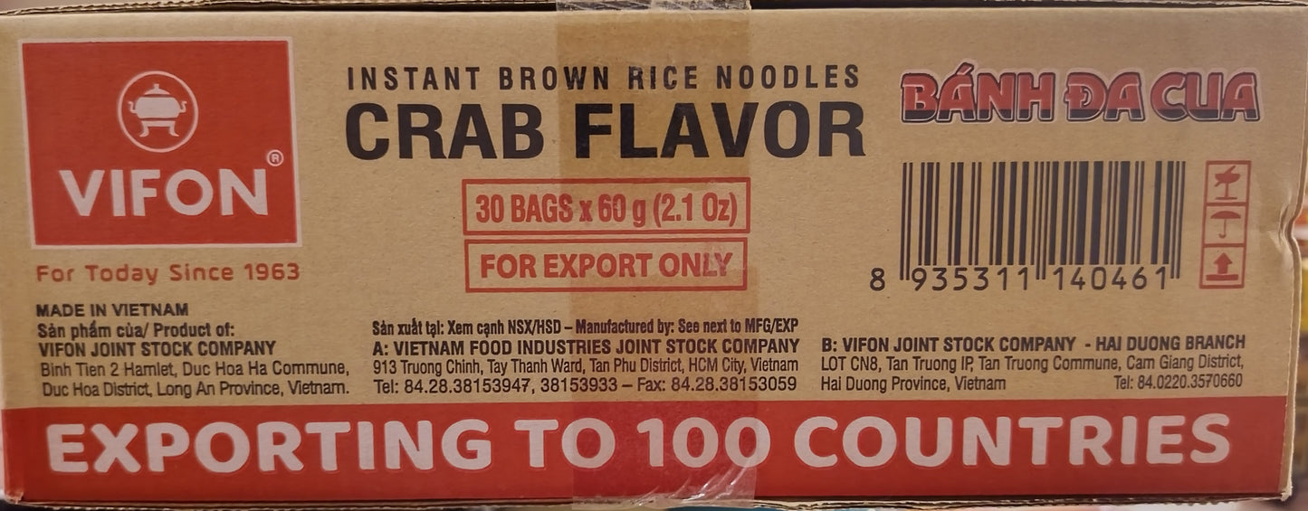 VifonI nstant Brown Rice Noodles Crab Flavour Full Box