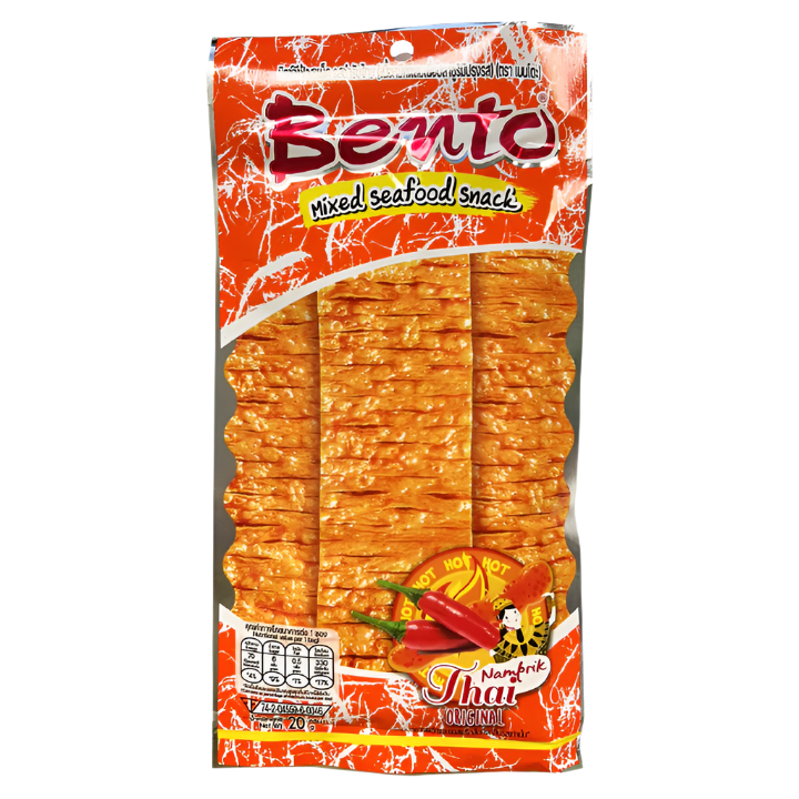 Packaged snack with Bento branding on an orange background