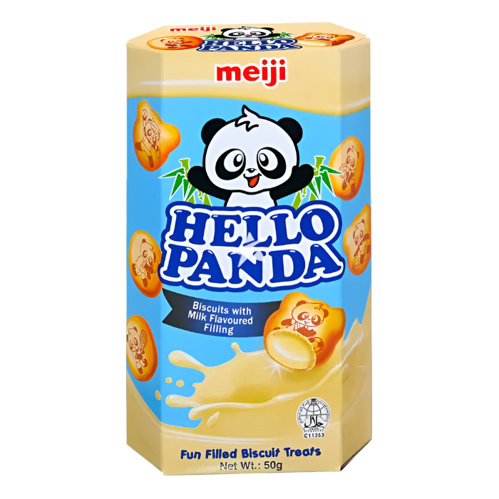 Box of Meiji Hello Panda biscuits with a panda character on a white background