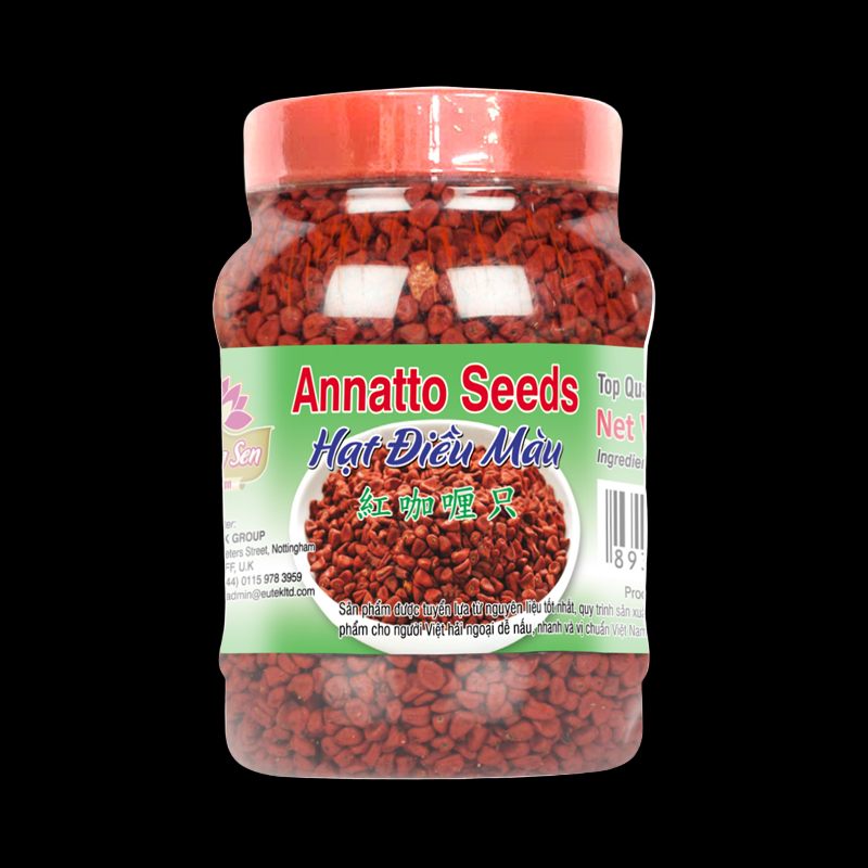 Jar of annatto seeds with a red label Huong Sen