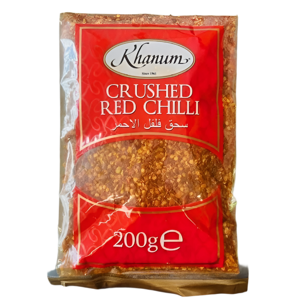 Packaged crushed red chilli with Khanum branding on a gray background