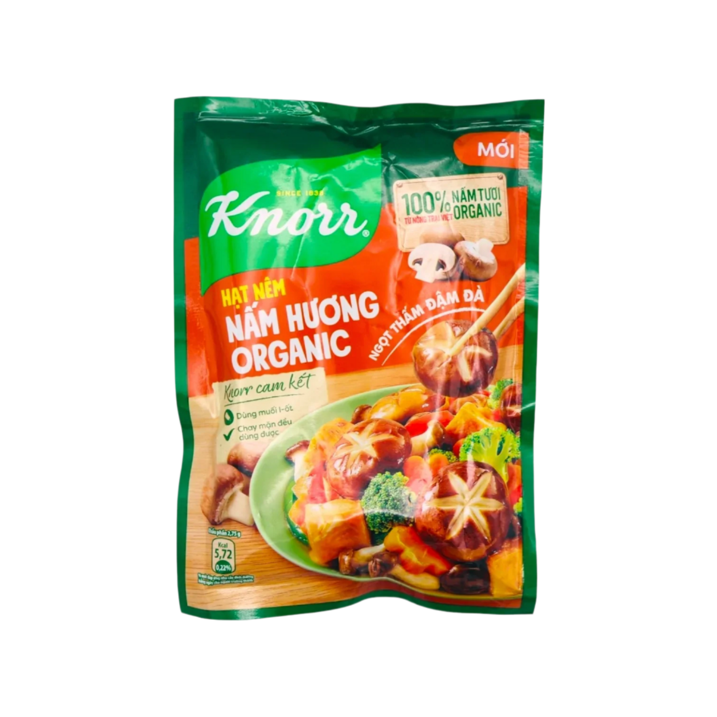 Knorr Organic seasoning packet with green and orange design on a clear background