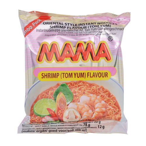 Mama Shrimp (Tom Yum) Flavour instant noodles packaging on a white background