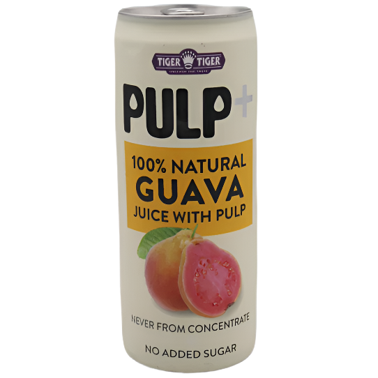 Can of Tiger Tiger Pulp+ 100% Natural Guava Juice with Pulp on a clear background