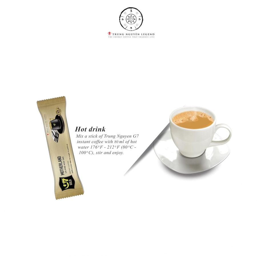 Trung Nguyen Legend instant coffee package with a cup of coffee on a white background