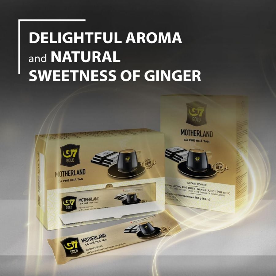 G7 Motherland instant coffee packaging with text about ginger aroma on a gradient background