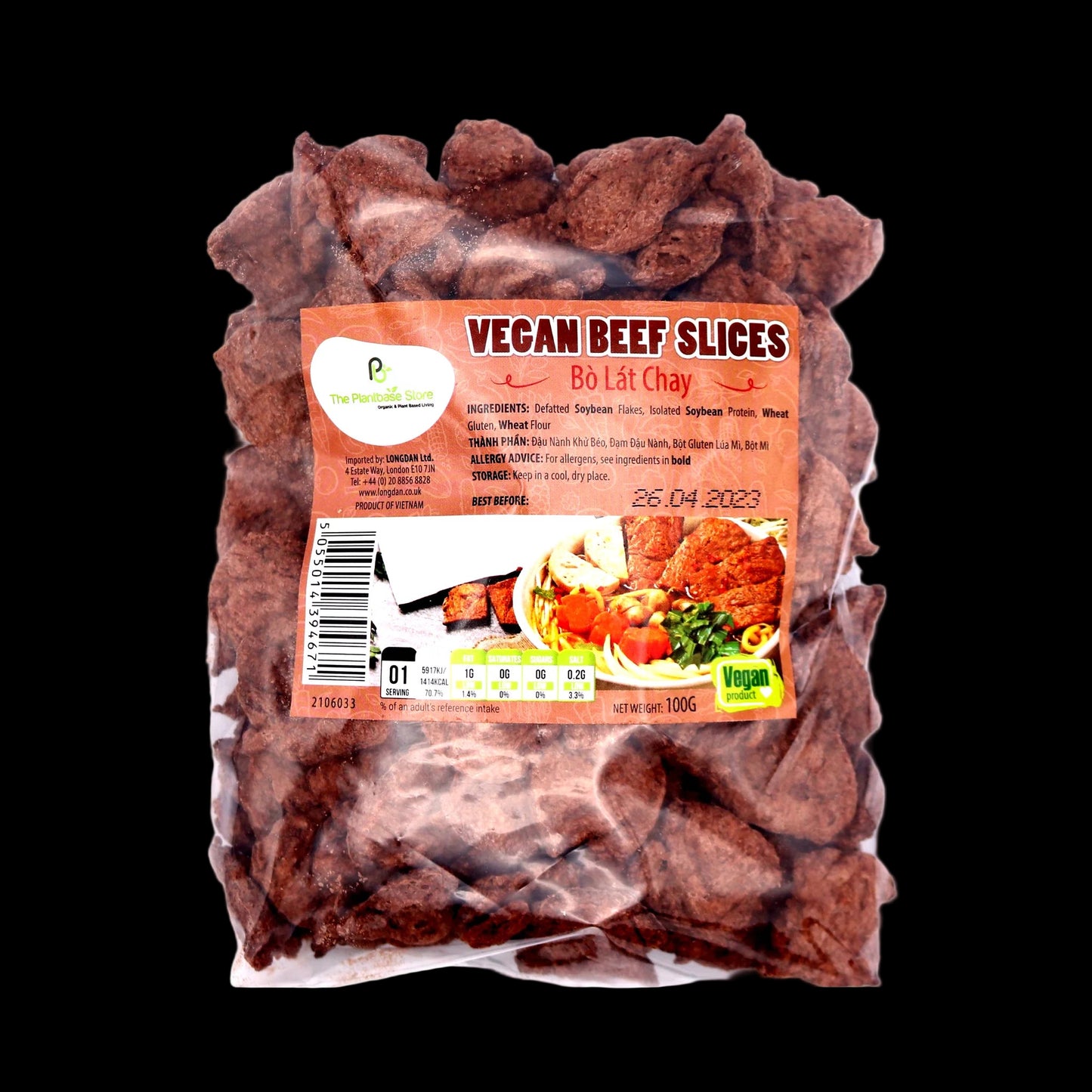 Packaged vegan beef slices with a clear front, showing the product inside