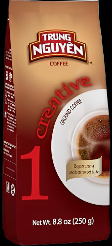 Trung Nguyen Coffee Creative 1 package with a coffee cup on a brown background