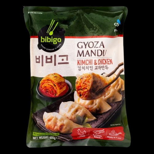 CJ Bibigo Gyoza Mandu Dumplings in Kimchi & Chicken. These delectable dumplings combine the spicy tang of kimchi with the savoury goodness of chicken