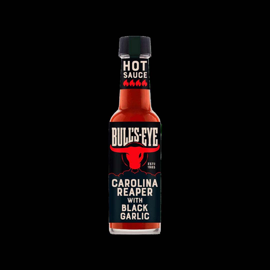 Bottle of Bull's-Eye Carolina Reaper with Black Garlic hot sauce 
