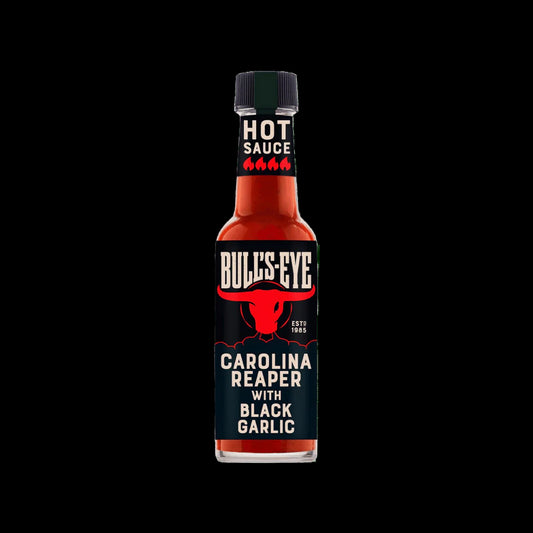 Bottle of Bull's-Eye Carolina Reaper with Black Garlic hot sauce 
