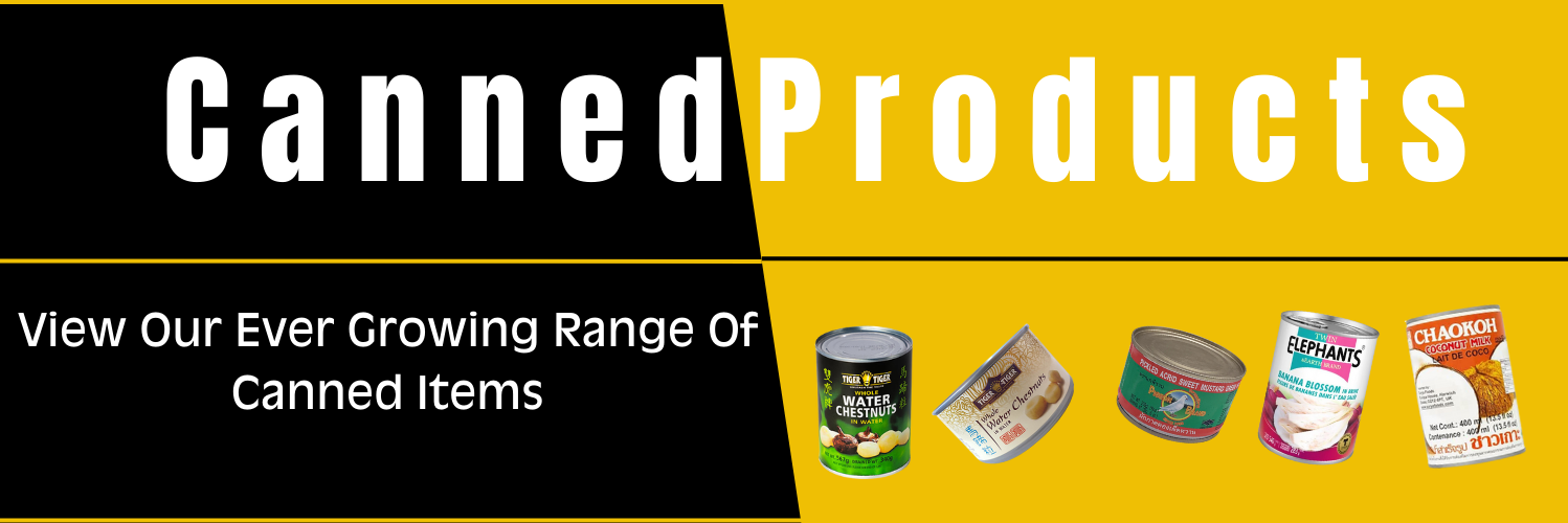 Promotional banner for canned products with images of various canned items on a yellow and black background.