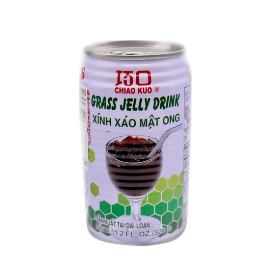 Can of Grass Jelly Drink with branding and product image on a clear background