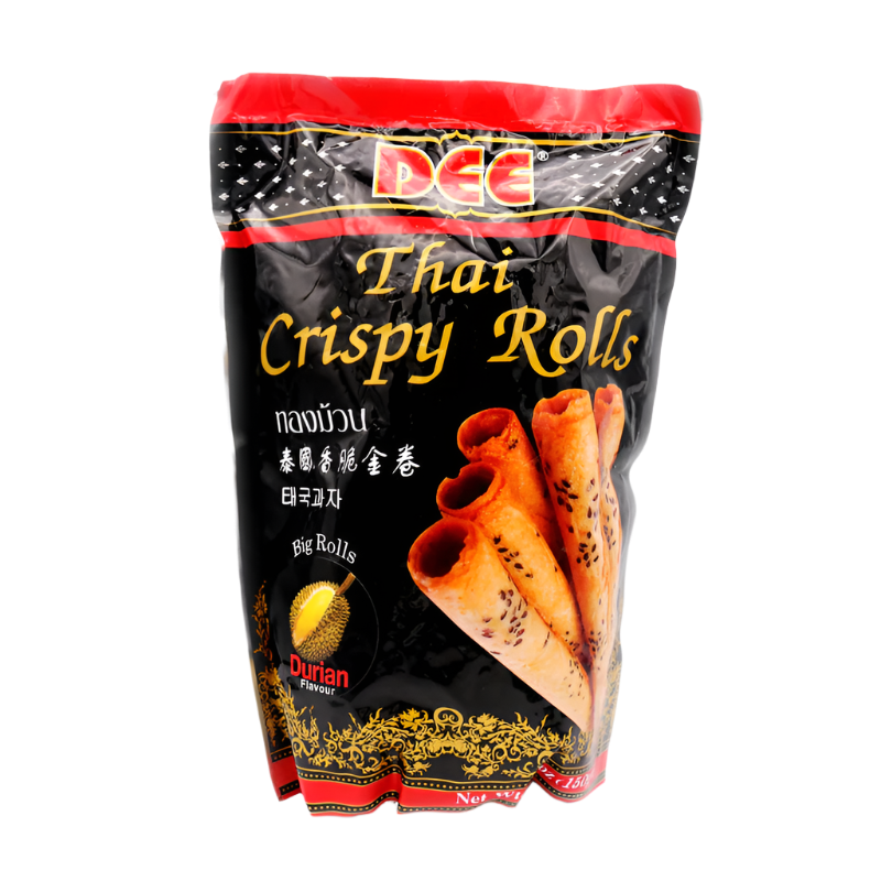 Packaged Thai Crispy Rolls with DEE branding on a Clear background