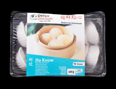 Packaged dim sum with a focus on 'Ha Kouw' prawn dumplings, featuring Delico Dim Sum branding.