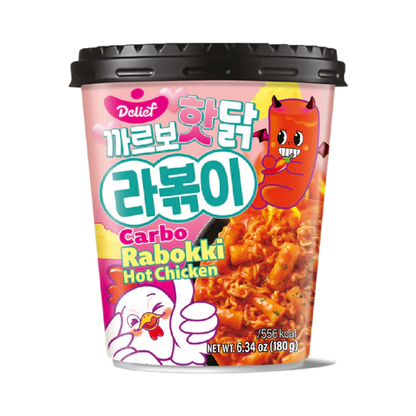 Cup of Delief Carbo Rabokki Hot Chicken on a white background
