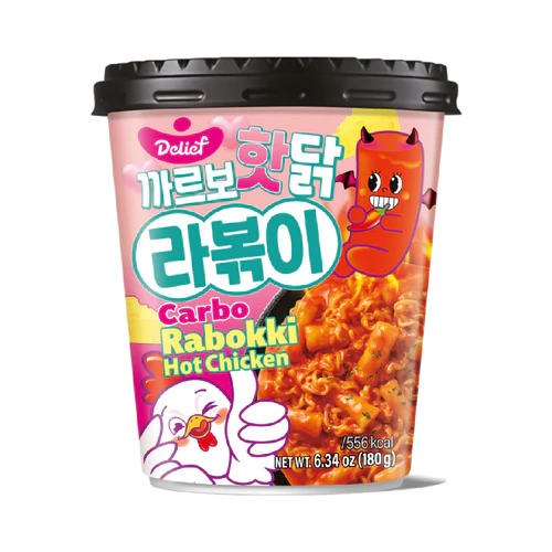 Cup of Delief Carbo Rabokki Hot Chicken on a white background