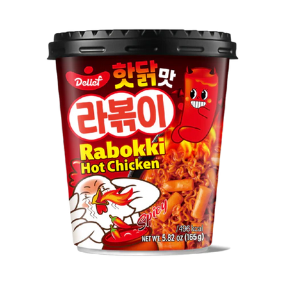 Cup of Deliief Rabokki Hot Chicken with spicy design on a white background