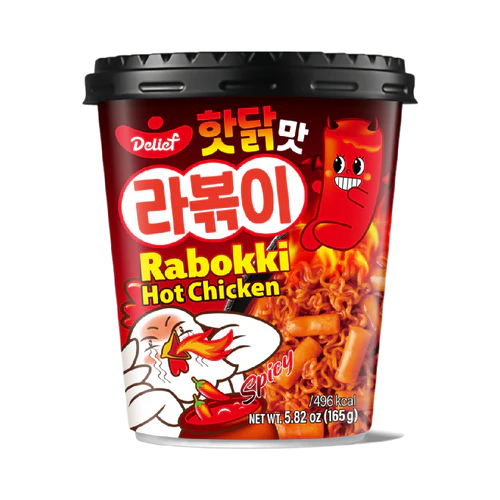 Cup of Deliief Rabokki Hot Chicken with spicy design on a white background