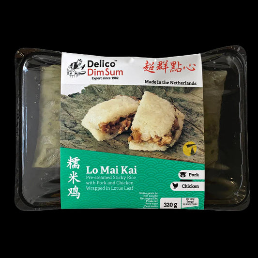 Delico Dim Sum Lo Mai Kai packaging with images of the product on a black background