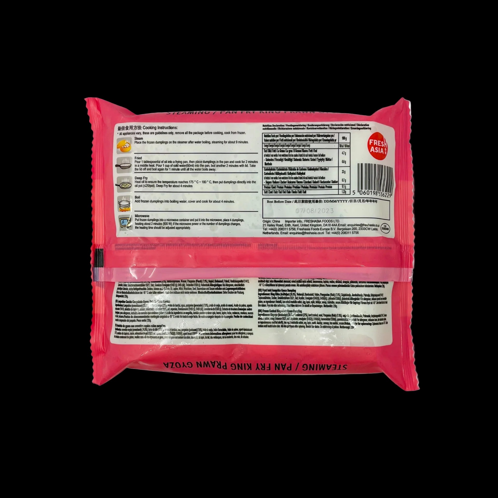 Pink package with nutritional information label on a black background