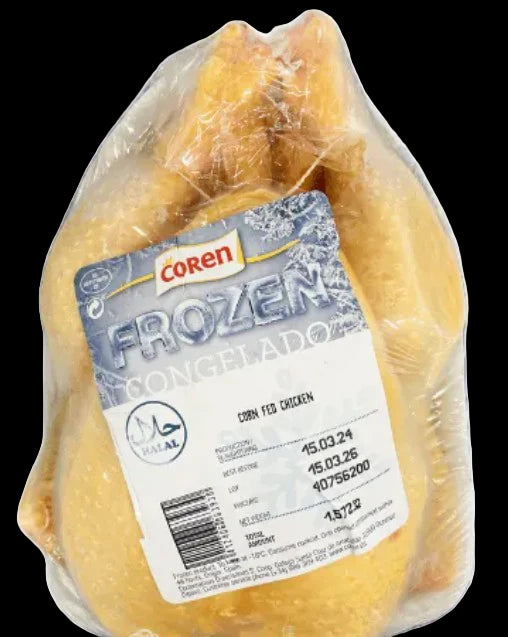 Frozen chicken package with Coren label on a black background