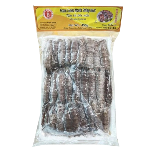 Packaged frozen mantis shrimp meat with a yellow label 