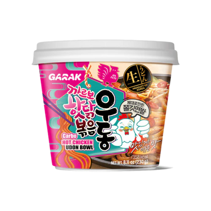 Cup of Garak Hot Chicken Udon Bowl with colorful packaging on a white background