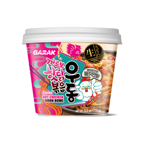 Cup of Garak Hot Chicken Udon Bowl with colorful packaging on a white background