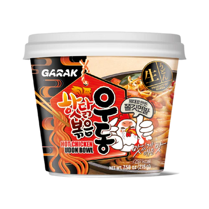 Cup of Garak Hot Chicken Udon Bowl with black, red, and white design on a white background