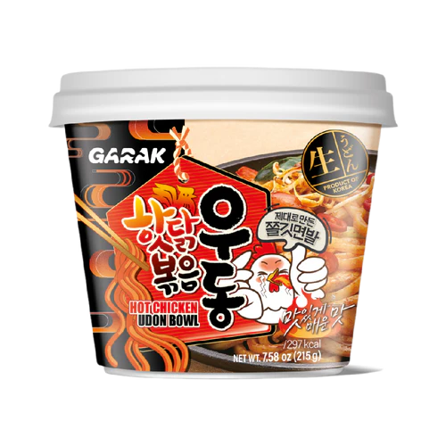 Cup of Garak Hot Chicken Udon Bowl with black, red, and white design on a white background