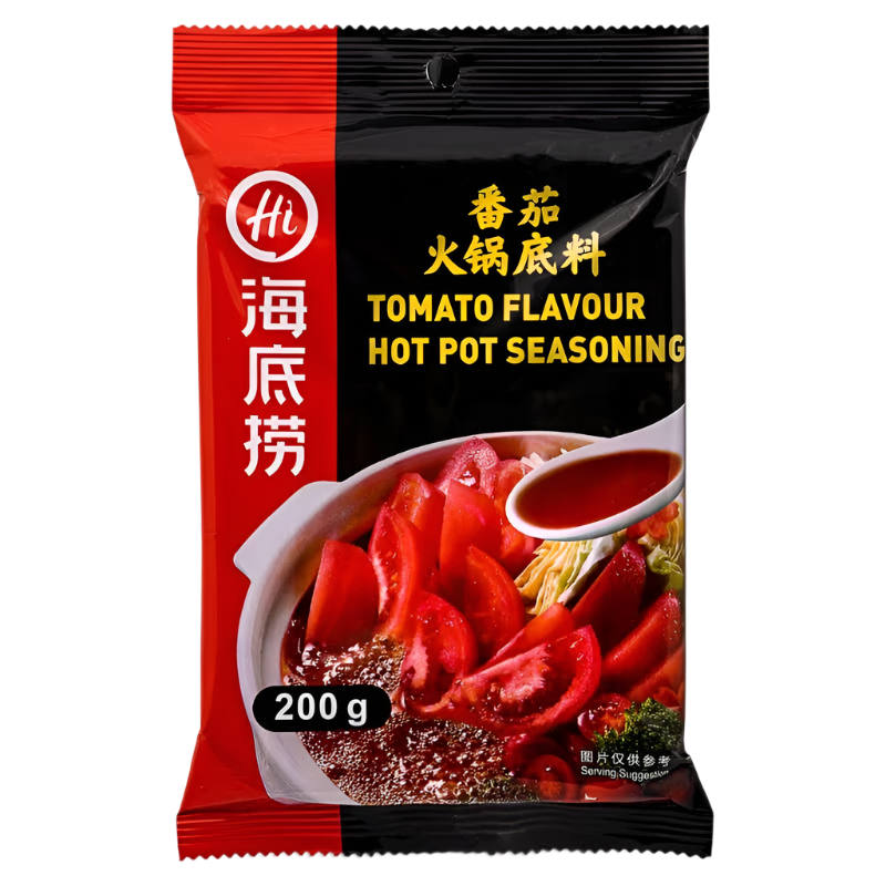 Packaging of Tomato Flavour Hot Pot Seasoning with red and black design.