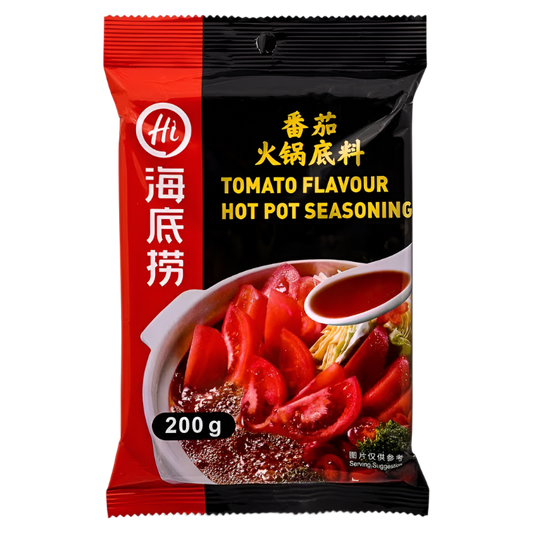 Packaging of Tomato Flavour Hot Pot Seasoning with red and black design.