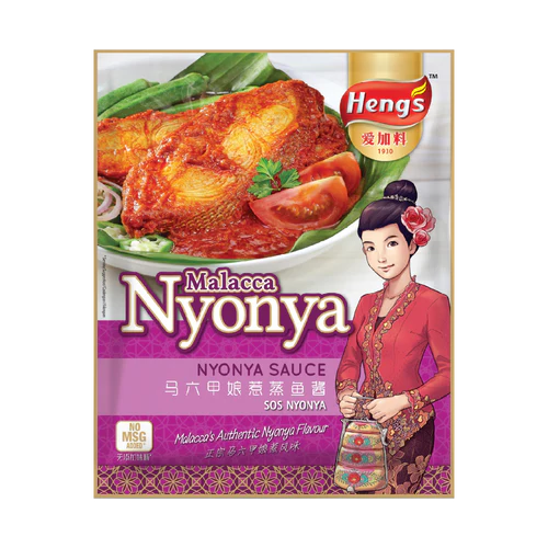 Malacca Nyonya sauce packaging with a woman holding a bowl of food and Heng's brand logo.