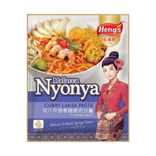 Heng's Malacca Nyonya Curry Laksa Paste packaging with a bowl of noodles and a traditional Malaysian woman.