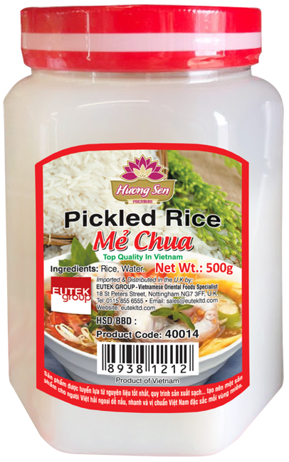 Jar of pickled rice with a red lid and label Hueng Sen Brand
