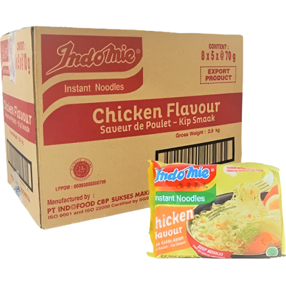 Box of Indomie Chicken Flavour instant noodles with a smaller packet in front 