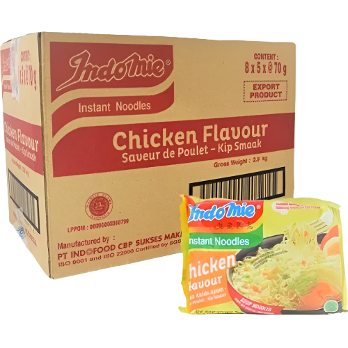 Box of Indomie Chicken Flavour instant noodles with a smaller packet in front 