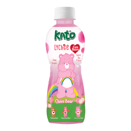 Kato Lychée Care Bears bottle with pink and white design on a clear background